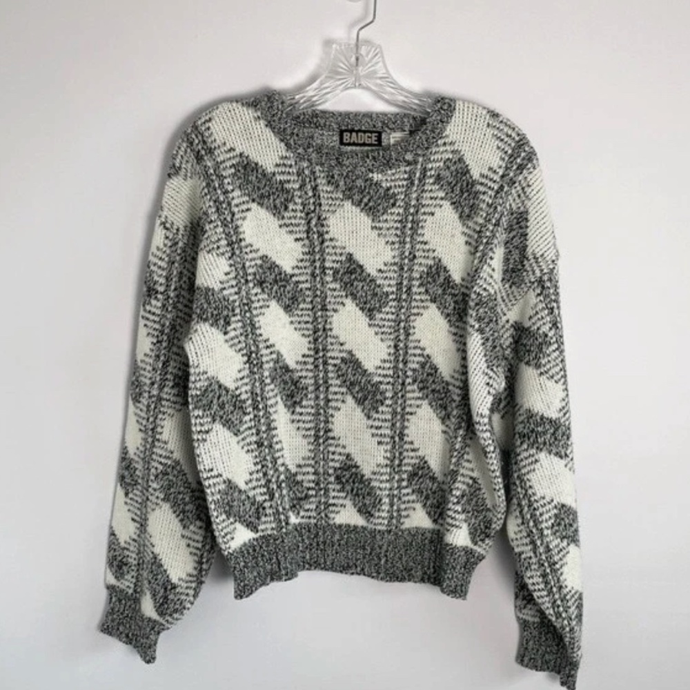 Vintage Gray White Knit Geometric Heavy Pullover Crewneck Grandpa Sweater Small